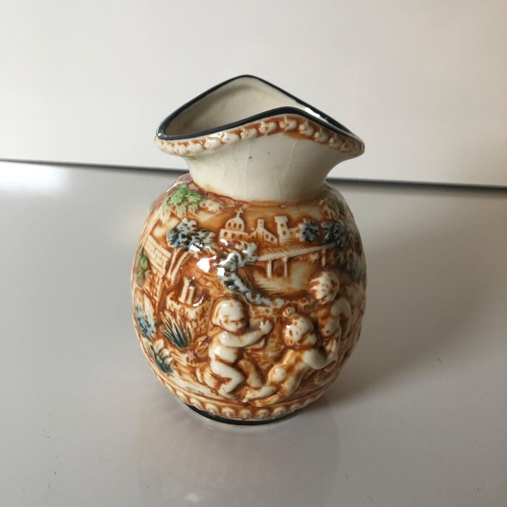 Embossed Ceramic Majolica Cherub Vase Pitcher 3D Made In Japan Vintage